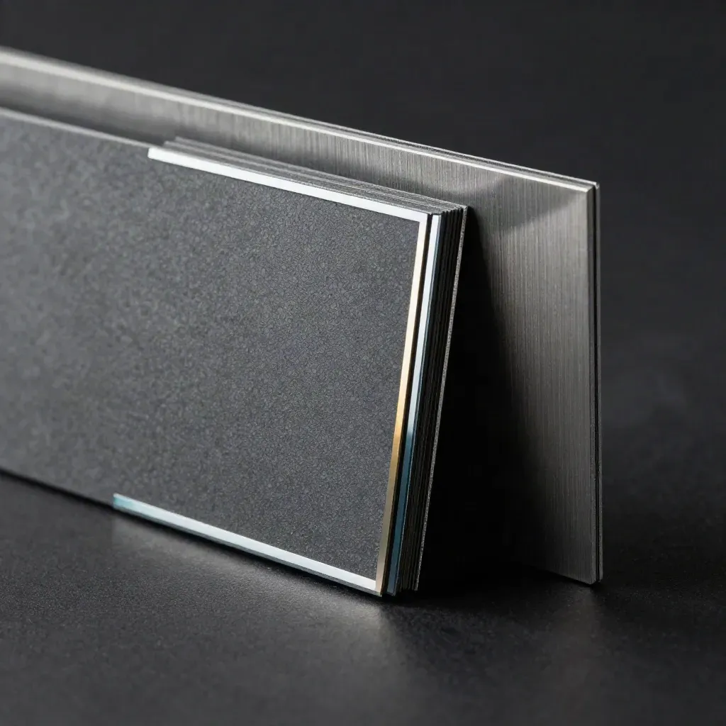 Dark graphite procurement folio with metallic edges on a matte-black surface