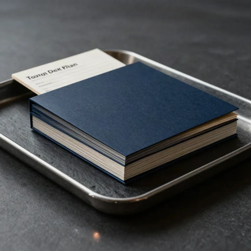 Dark premium kit with folder, note cards, tray and pale swatch strip on a slate surface.